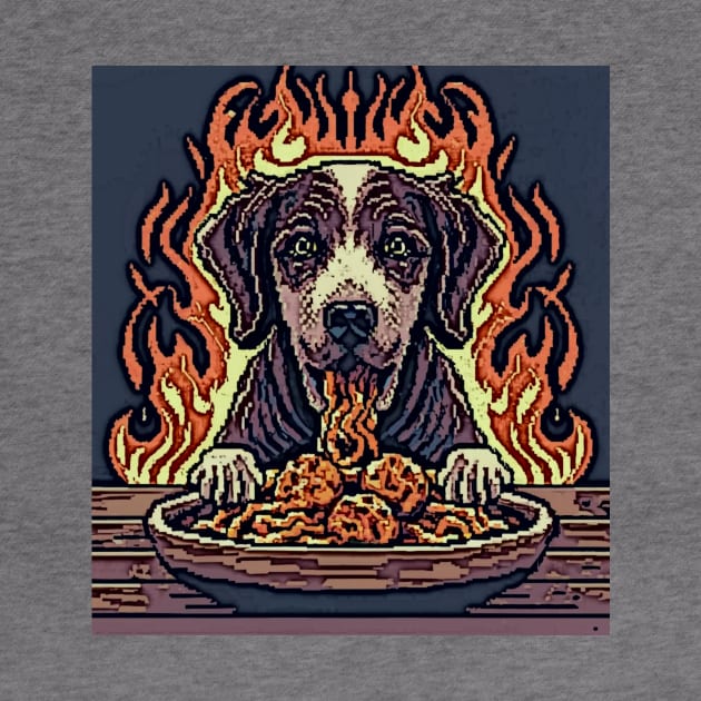 pixel art dog eating spaghetti in Hell by Catbrat